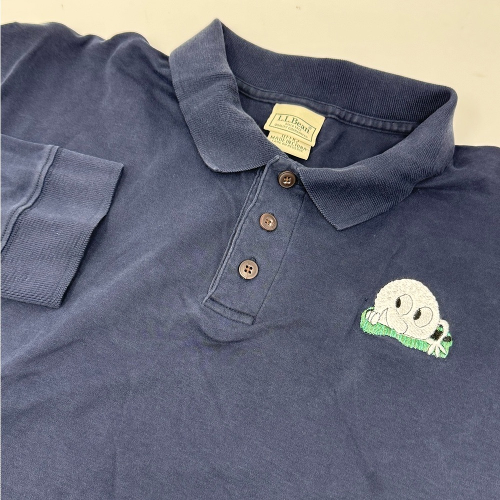 LL Bean Men’s Navy Long Sleeve Pima Cotton Polo Embroidered Golfball Patch SzXLT